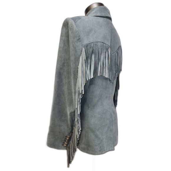 Veronica Beard Pali Fringed Suede Dickey Jacket Slate Blue Lambskin Size 8 - Picture 11 of 14